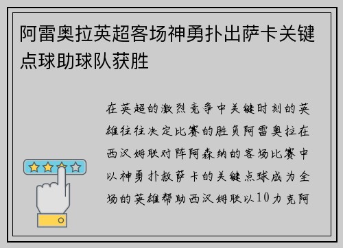 阿雷奥拉英超客场神勇扑出萨卡关键点球助球队获胜