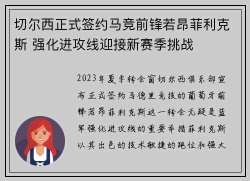切尔西正式签约马竞前锋若昂菲利克斯 强化进攻线迎接新赛季挑战